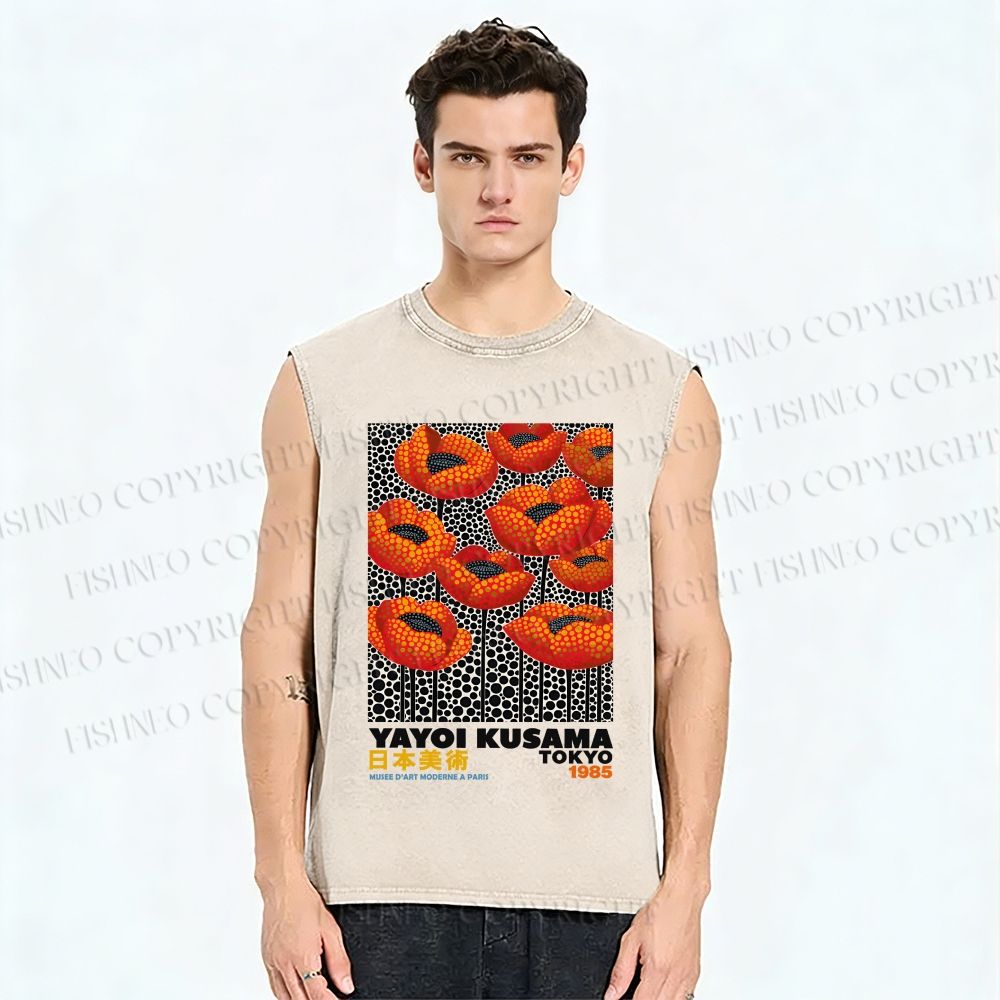 Unisex Yayoi Kusama Red Flowers Printed Washed Tank Top