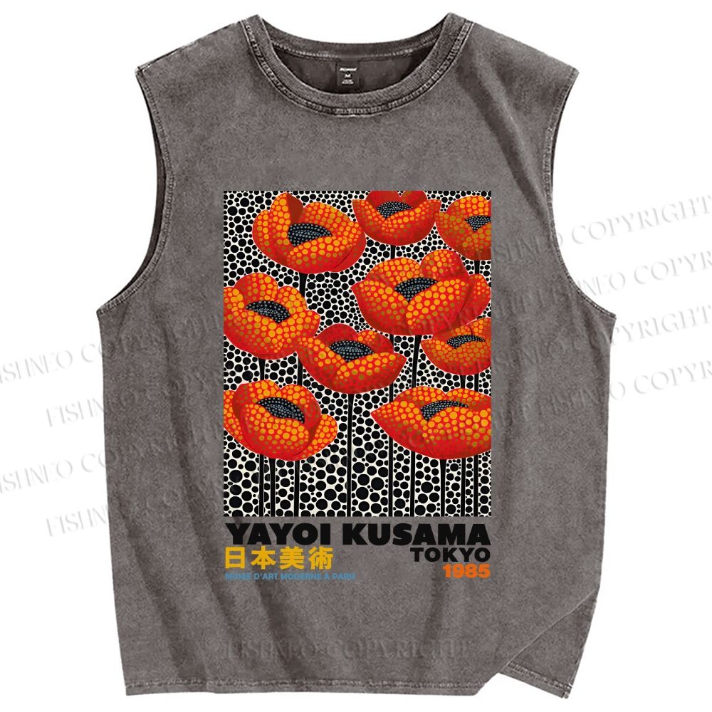 Unisex Yayoi Kusama Red Flowers Printed Washed Tank Top