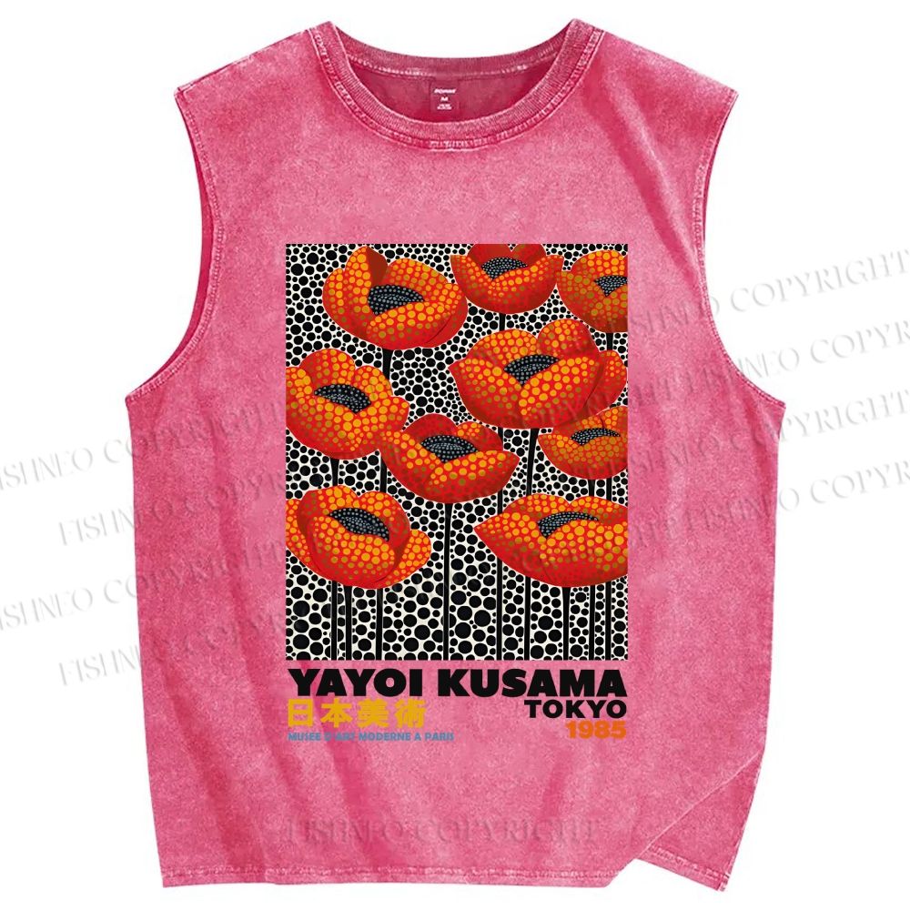 Unisex Yayoi Kusama Red Flowers Printed Washed Tank Top