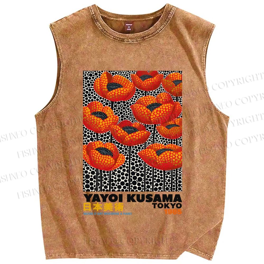 Unisex Yayoi Kusama Red Flowers Printed Washed Tank Top