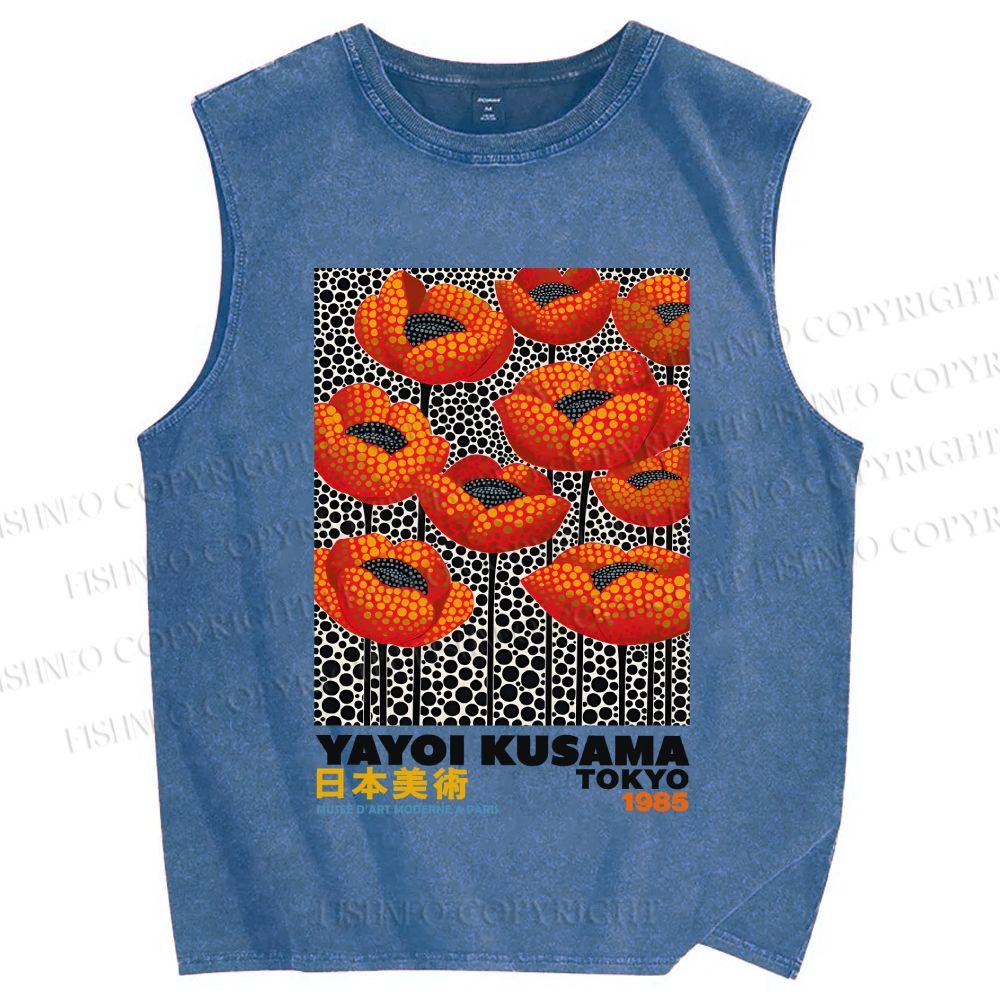 Unisex Yayoi Kusama Red Flowers Printed Washed Tank Top