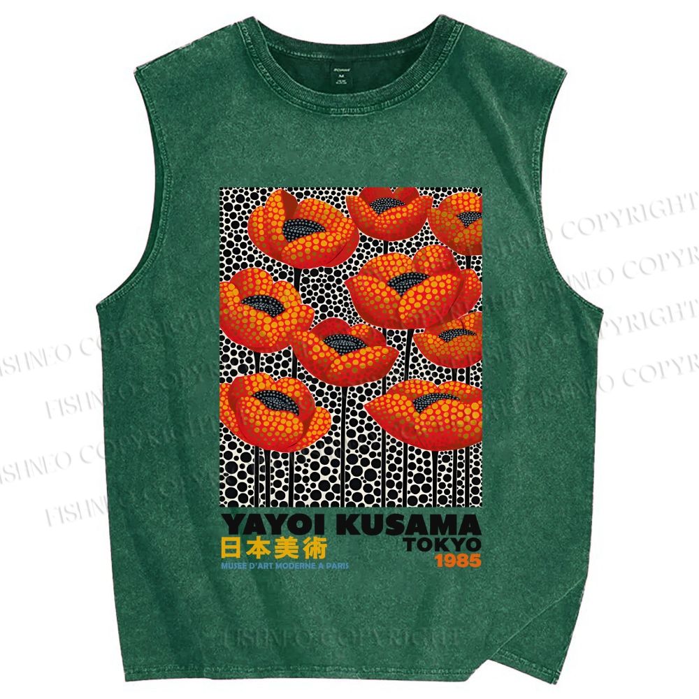 Unisex Yayoi Kusama Red Flowers Printed Washed Tank Top