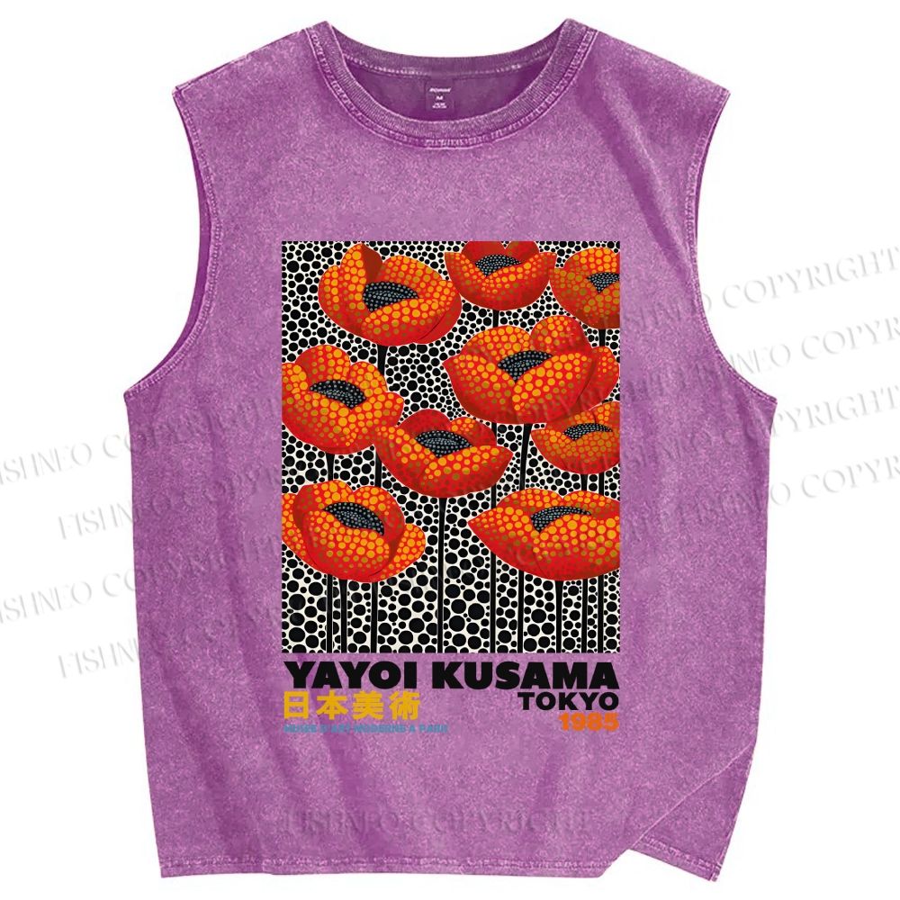Unisex Yayoi Kusama Red Flowers Printed Washed Tank Top