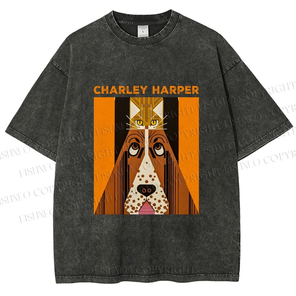 Unisex Charley Harper Geometric Cat And Dog Printed Washed Tee
