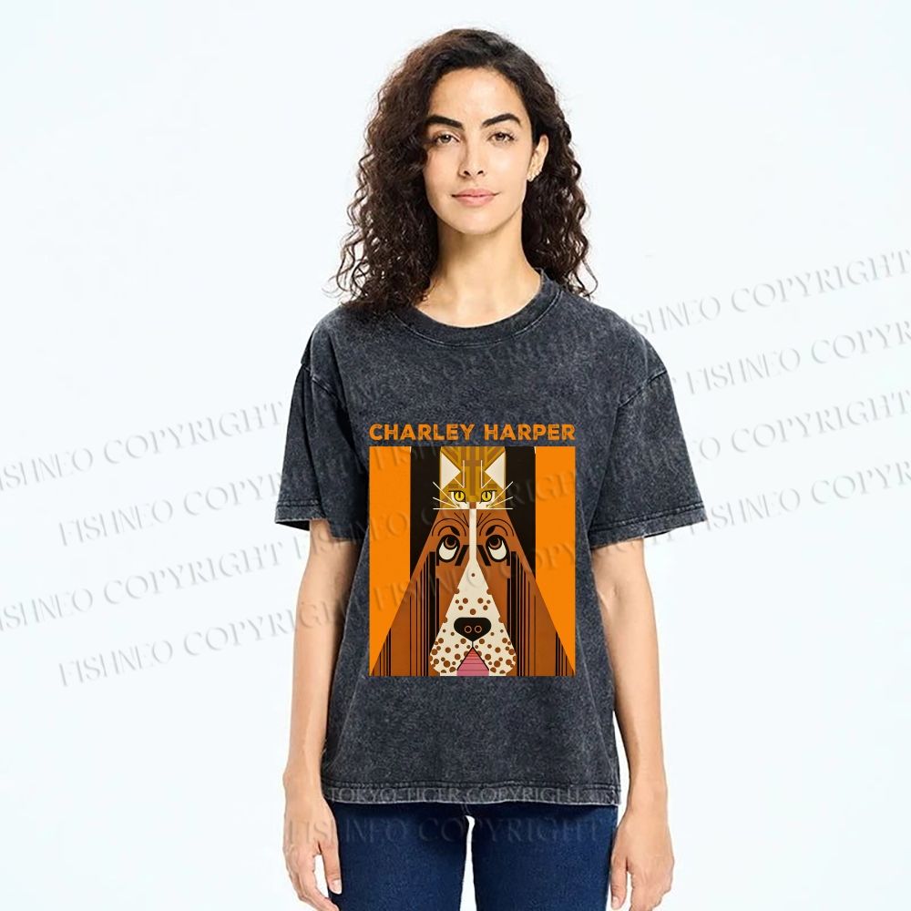 Unisex Charley Harper Geometric Cat And Dog Printed Washed Tee
