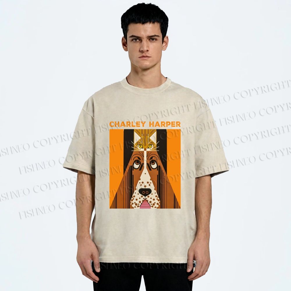 Unisex Charley Harper Geometric Cat And Dog Printed Washed Tee