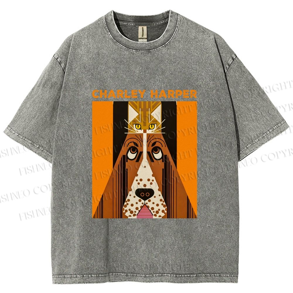 Unisex Charley Harper Geometric Cat And Dog Printed Washed Tee