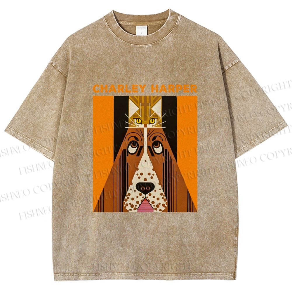 Unisex Charley Harper Geometric Cat And Dog Printed Washed Tee