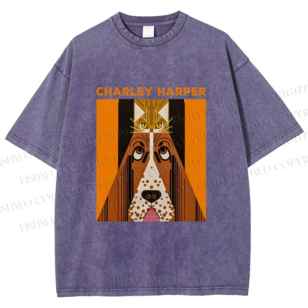 Unisex Charley Harper Geometric Cat And Dog Printed Washed Tee