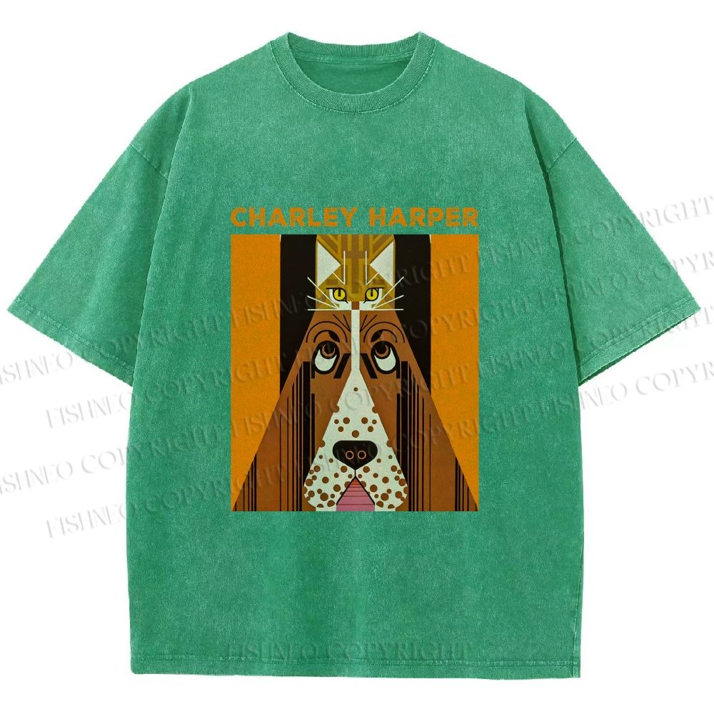 Unisex Charley Harper Geometric Cat And Dog Printed Washed Tee