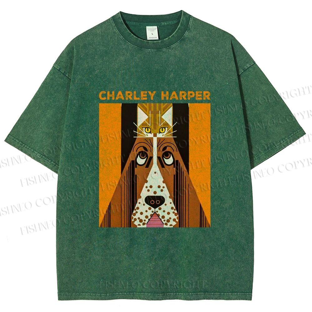 Unisex Charley Harper Geometric Cat And Dog Printed Washed Tee