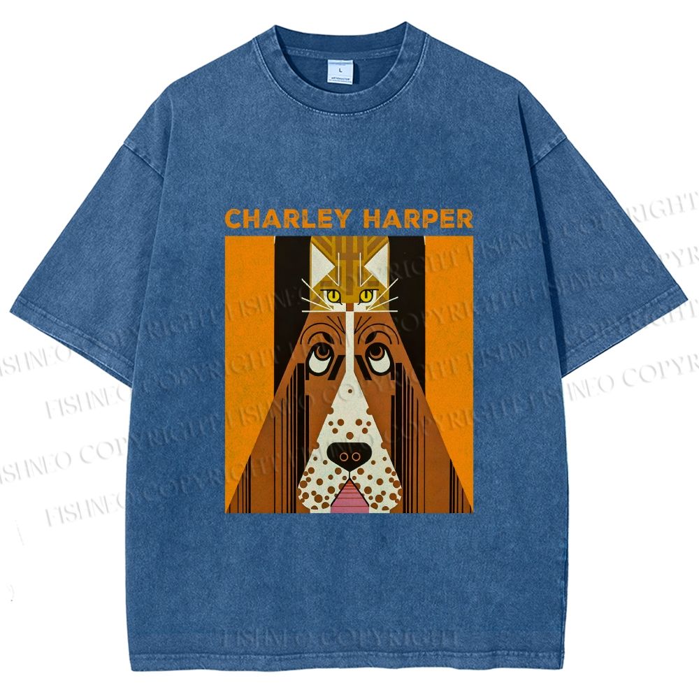 Unisex Charley Harper Geometric Cat And Dog Printed Washed Tee