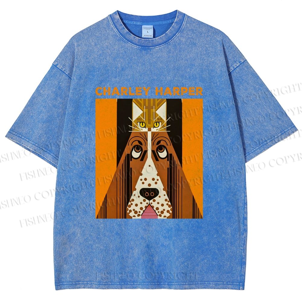 Unisex Charley Harper Geometric Cat And Dog Printed Washed Tee