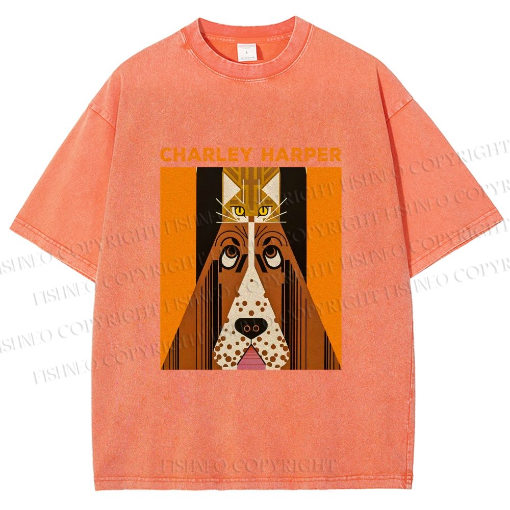 Unisex Charley Harper Geometric Cat And Dog Printed Washed Tee
