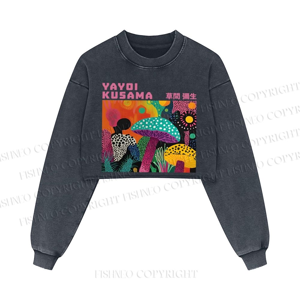 Yayoi Kusama Multicolor Mushroom Printed Washed Crop Sweatshirt