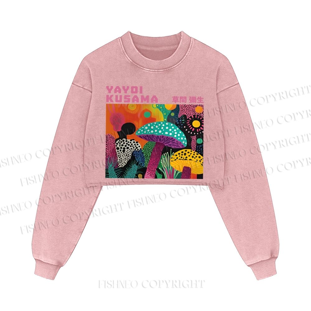 Yayoi Kusama Multicolor Mushroom Printed Washed Crop Sweatshirt