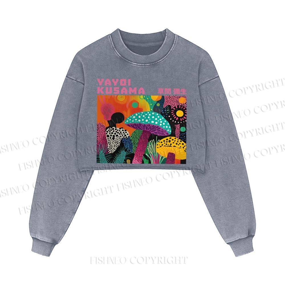 Yayoi Kusama Multicolor Mushroom Printed Washed Crop Sweatshirt