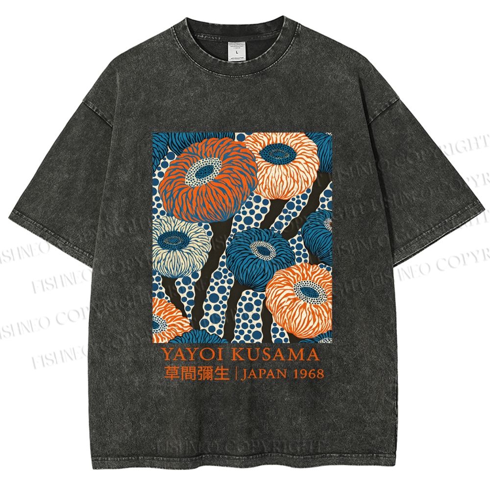 Unisex Yayoi Kusama Blue and Orange Flowers Printed Washed Tee