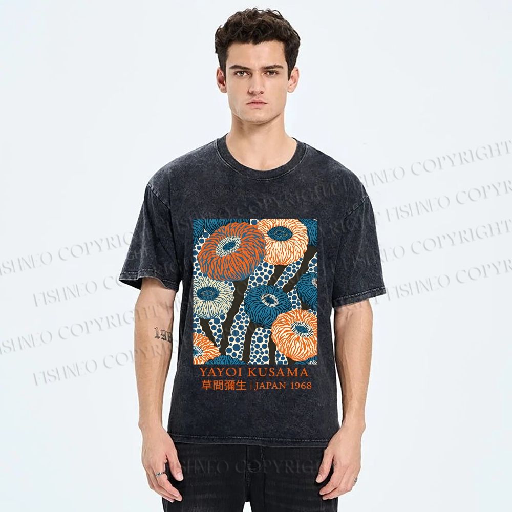 Unisex Yayoi Kusama Blue and Orange Flowers Printed Washed Tee