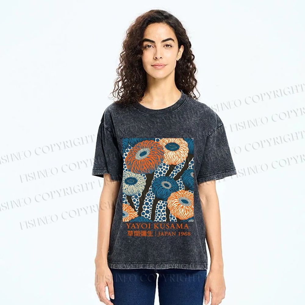 Unisex Yayoi Kusama Blue and Orange Flowers Printed Washed Tee