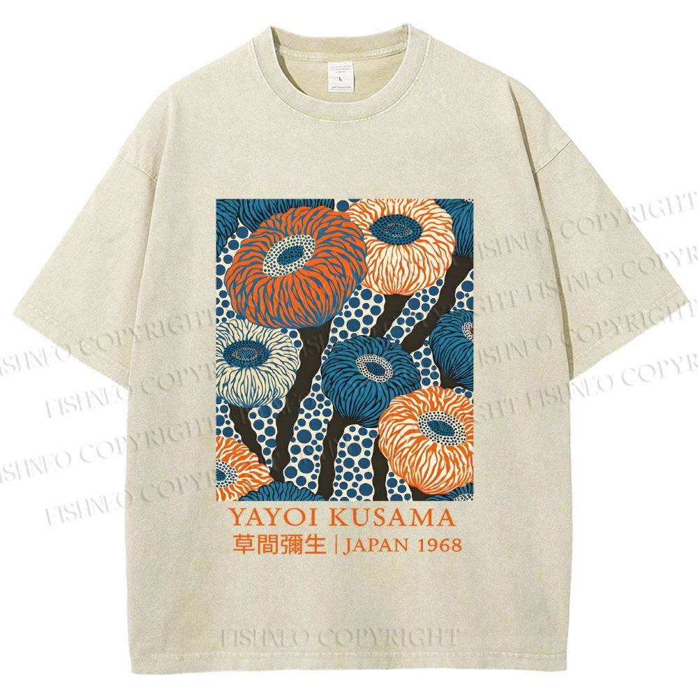 Unisex Yayoi Kusama Blue and Orange Flowers Printed Washed Tee