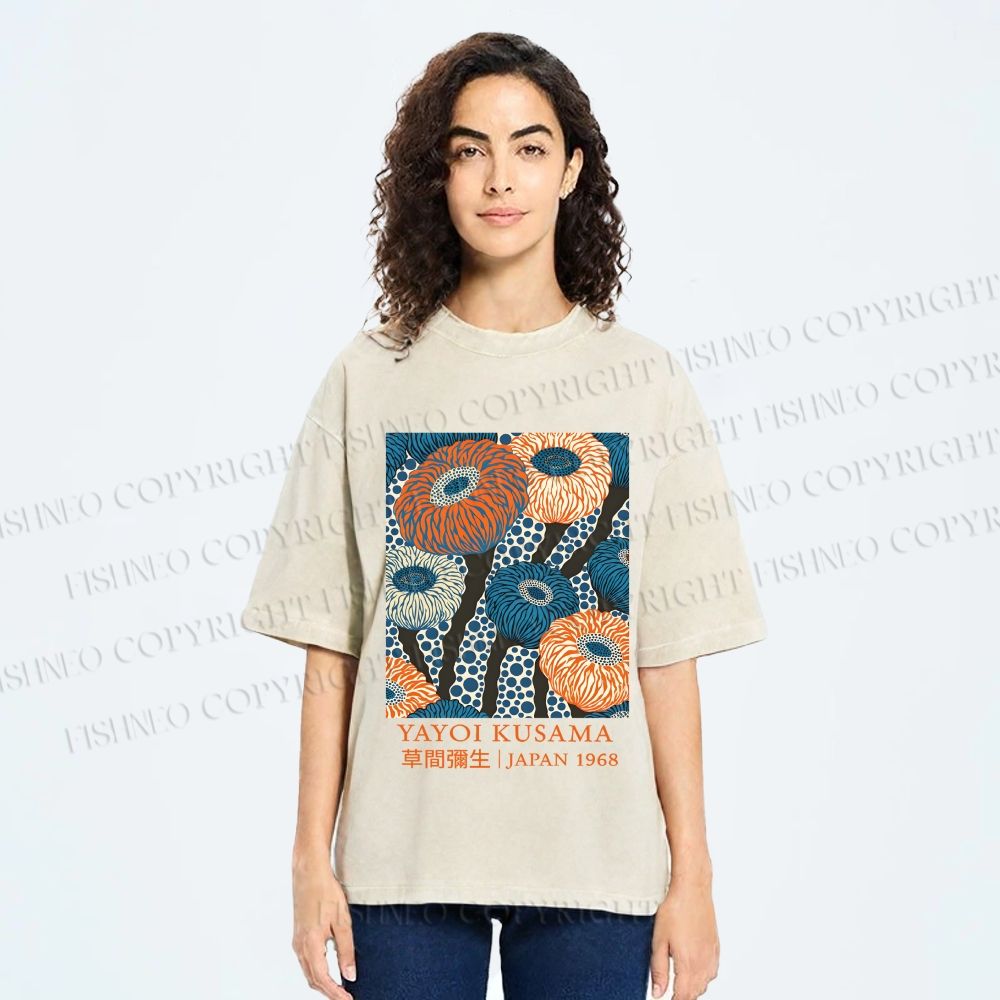 Unisex Yayoi Kusama Blue and Orange Flowers Printed Washed Tee
