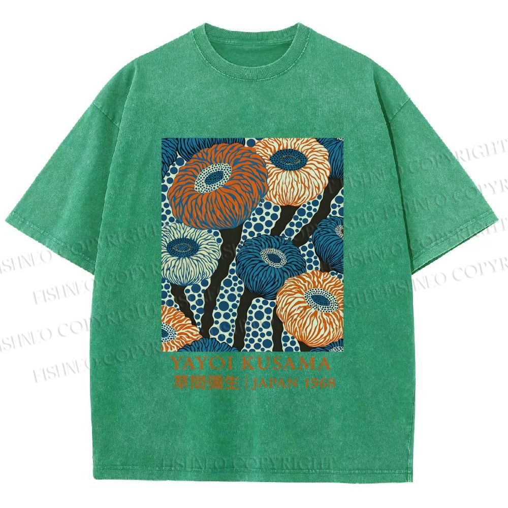 Unisex Yayoi Kusama Blue and Orange Flowers Printed Washed Tee