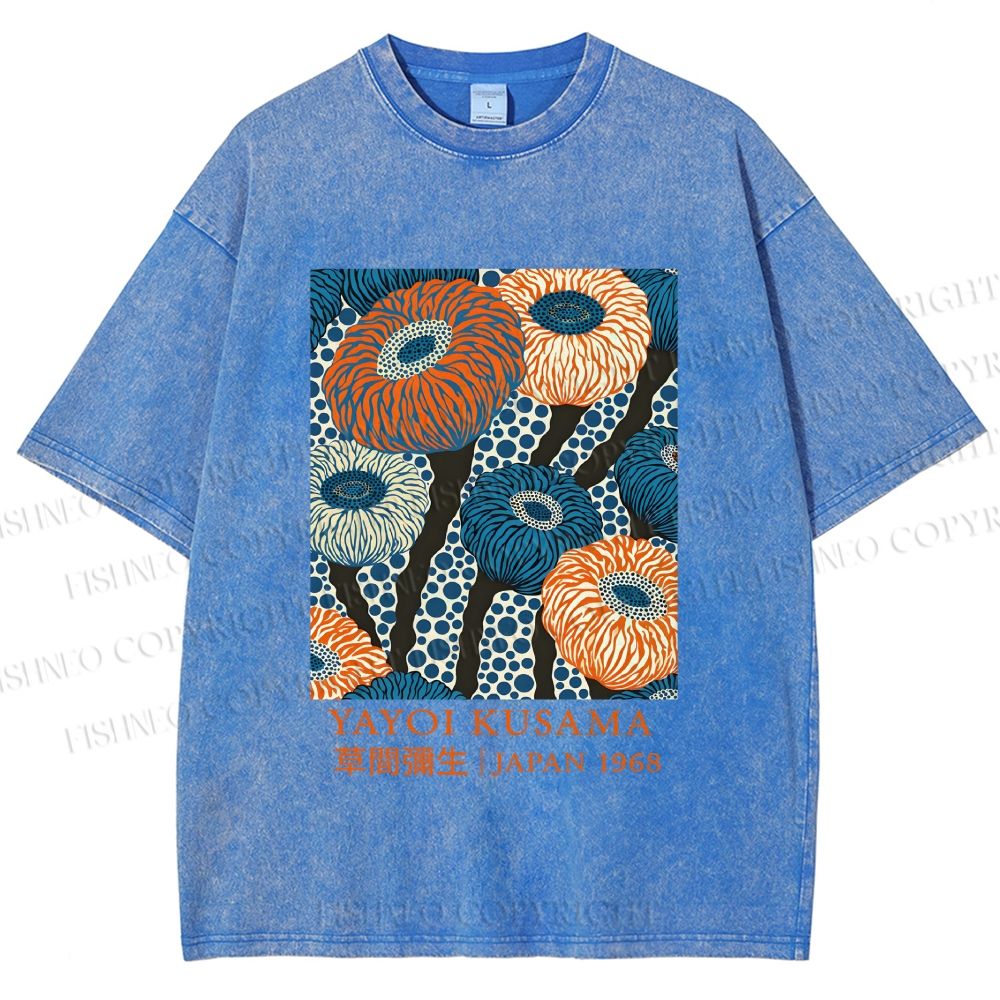 Unisex Yayoi Kusama Blue and Orange Flowers Printed Washed Tee
