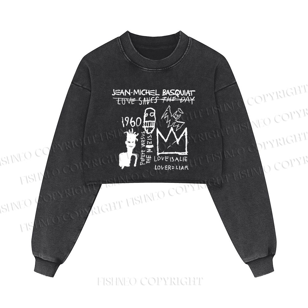 Jean-Michel Basquiat Graffiti Printed Washed Crop Sweatshirt