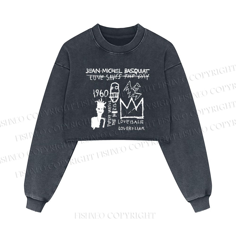 Jean-Michel Basquiat Graffiti Printed Washed Crop Sweatshirt