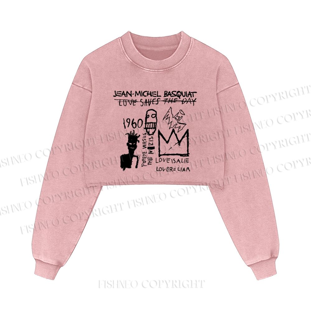 Jean-Michel Basquiat Graffiti Printed Washed Crop Sweatshirt