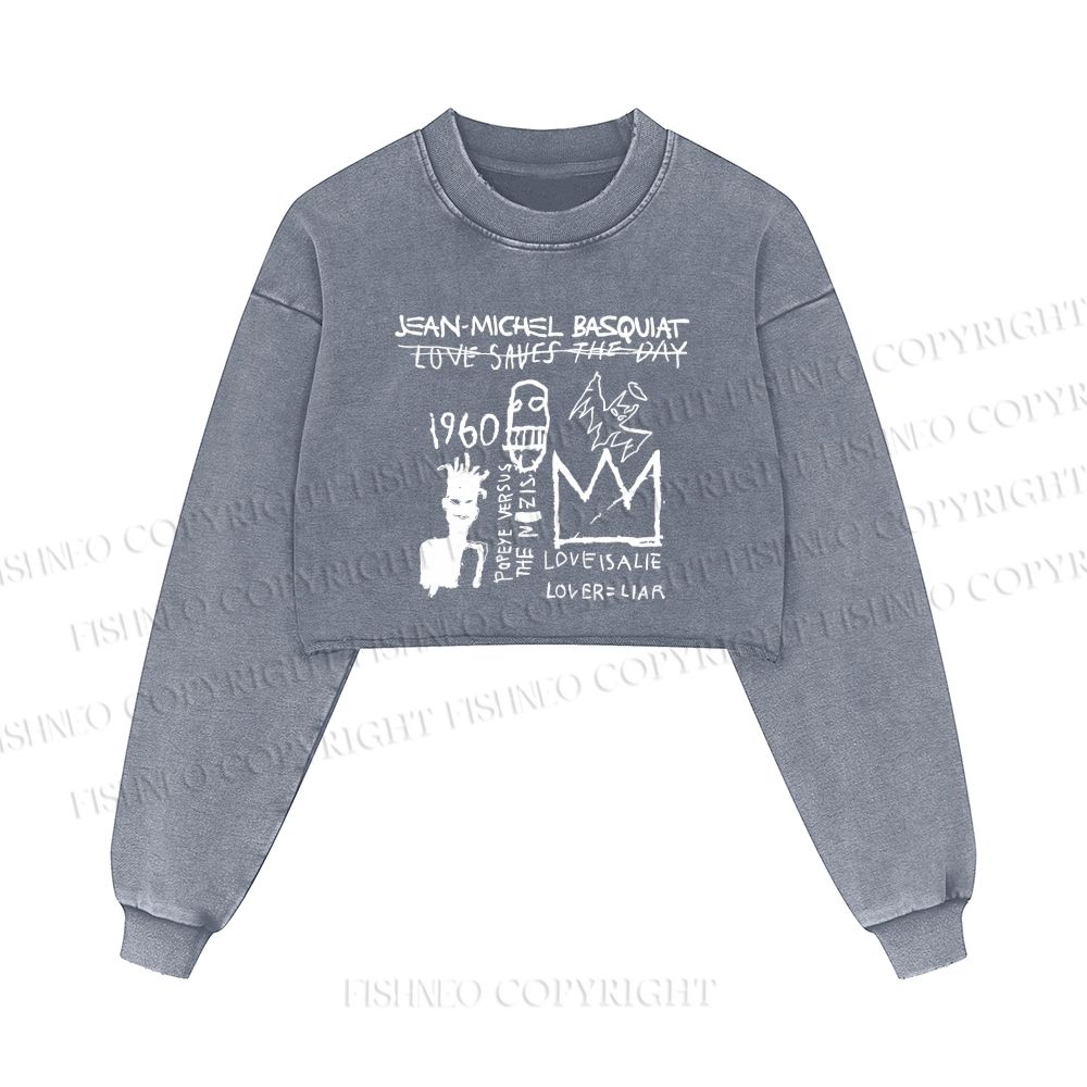 Jean-Michel Basquiat Graffiti Printed Washed Crop Sweatshirt