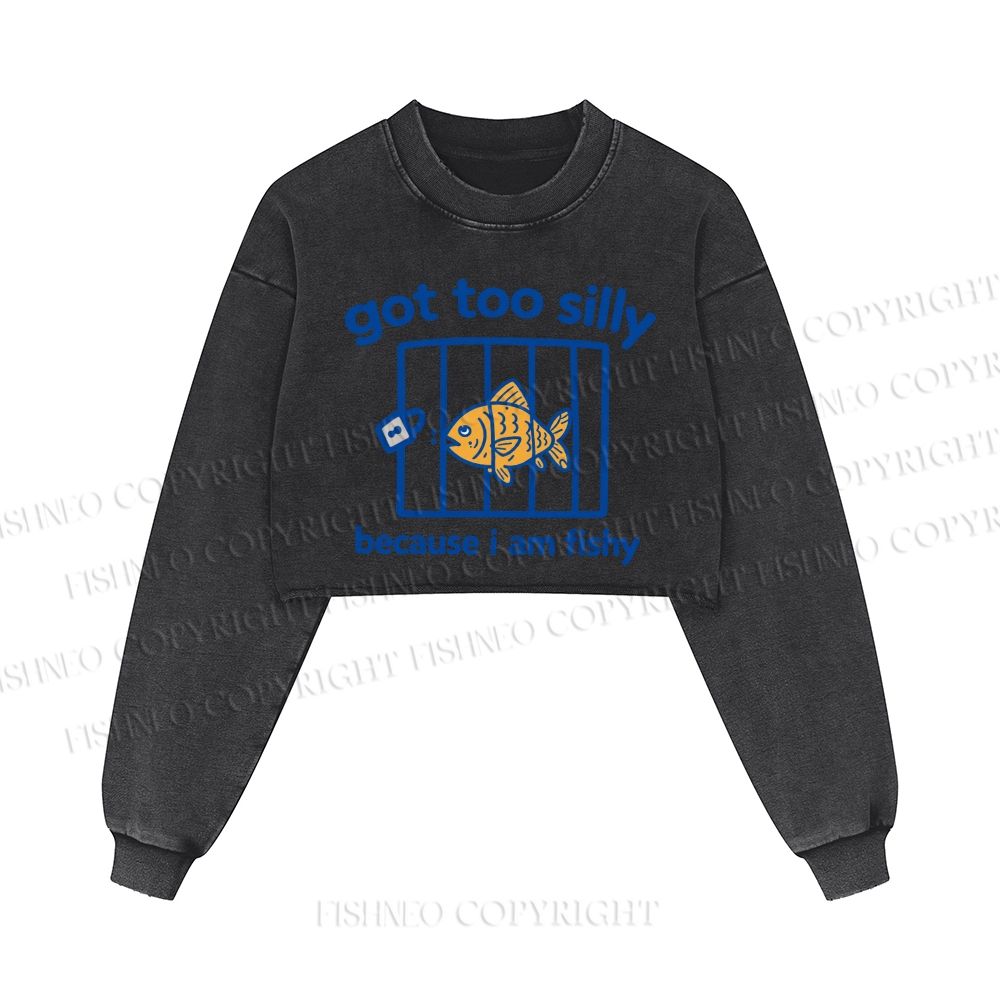 Fish Got Too Silly Printed Washed Crop Sweatshirt