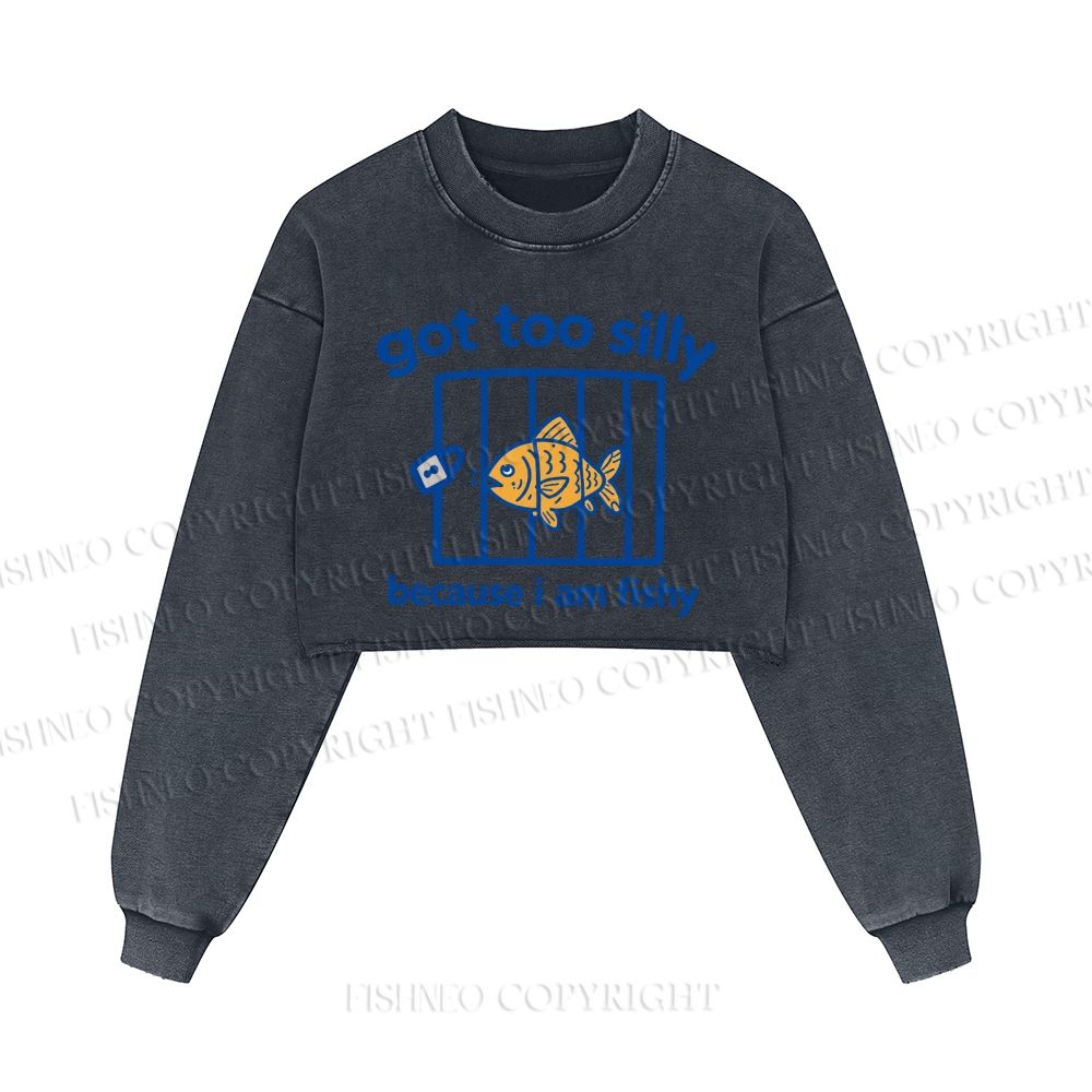 Fish Got Too Silly Printed Washed Crop Sweatshirt