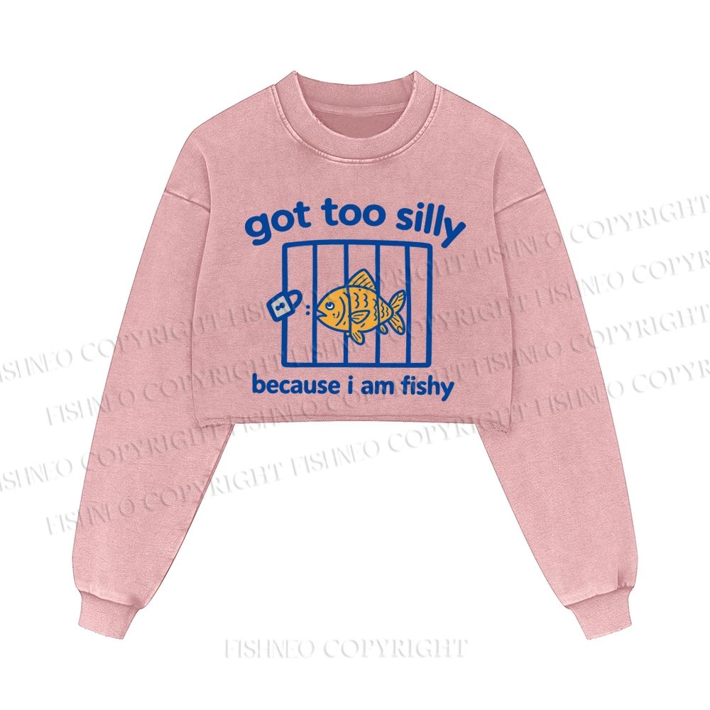 Fish Got Too Silly Printed Washed Crop Sweatshirt