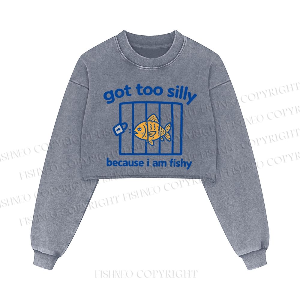 Fish Got Too Silly Printed Washed Crop Sweatshirt