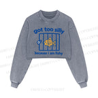Fish Got Too Silly Printed Washed Crop Sweatshirt