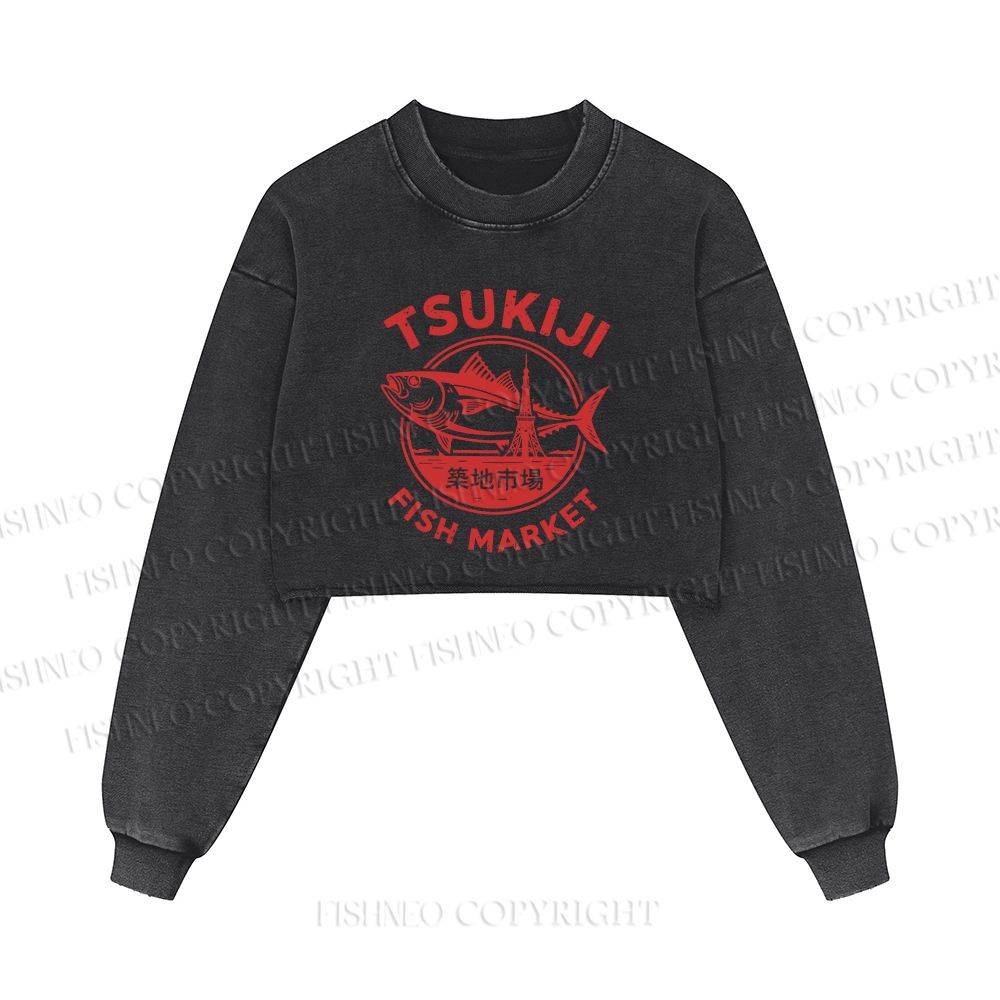 Tsukiji Fish Market Printed Washed Crop Sweatshirt