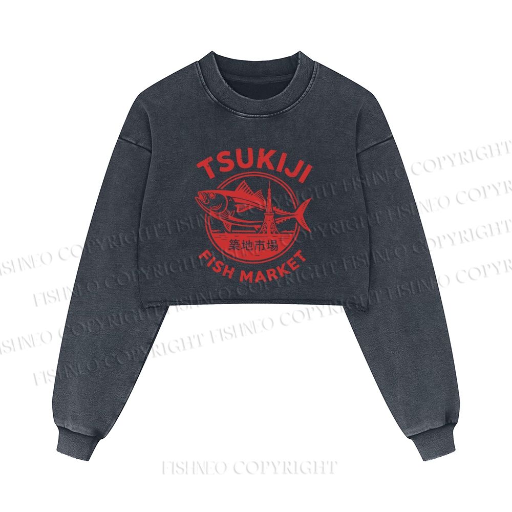 Tsukiji Fish Market Printed Washed Crop Sweatshirt