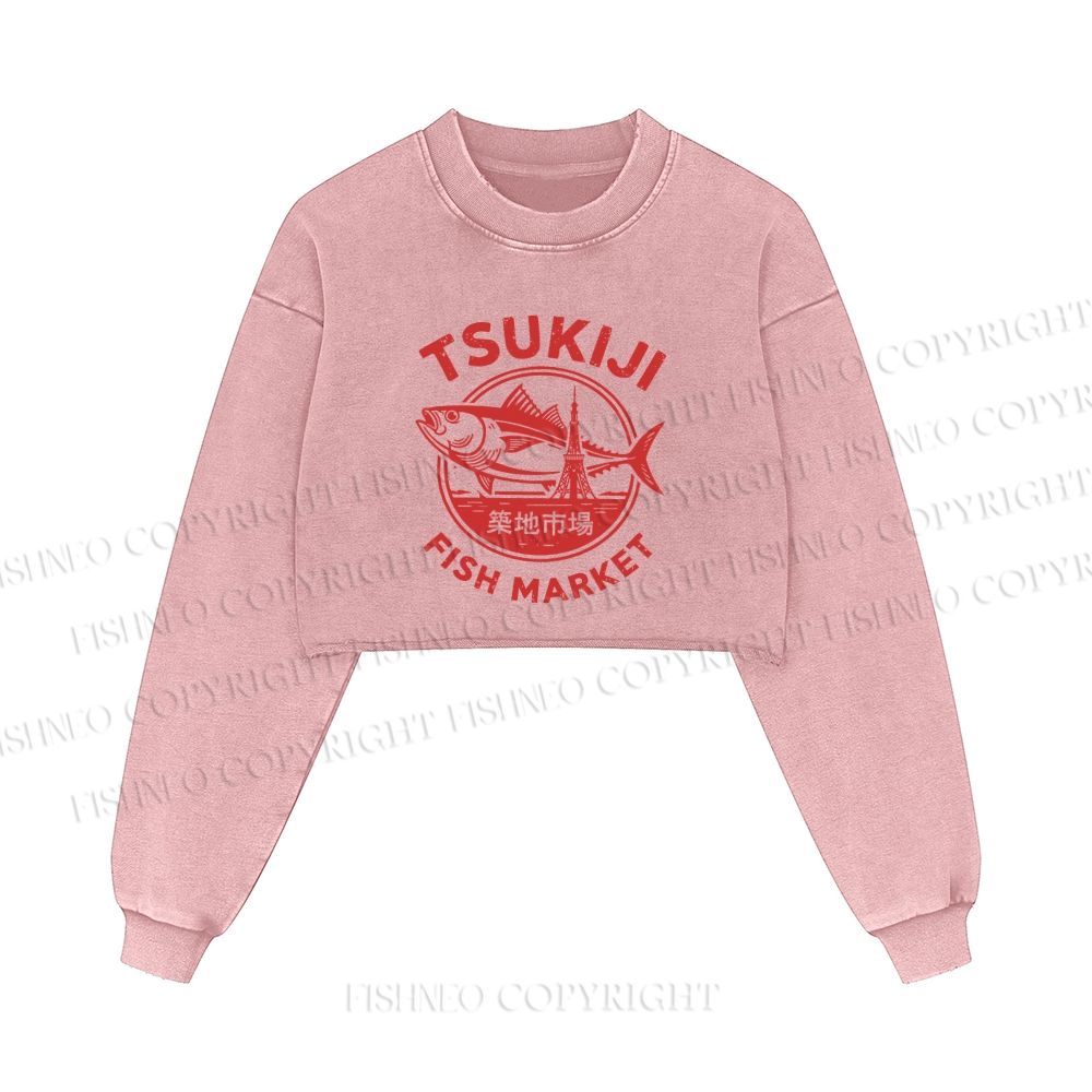 Tsukiji Fish Market Printed Washed Crop Sweatshirt