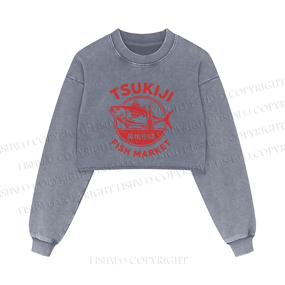 Tsukiji Fish Market Printed Washed Crop Sweatshirt