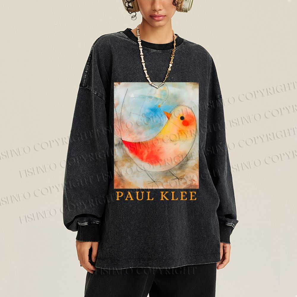 Unisex Paul Klee Bird Casual Washed Printed Long Sleeve T-shirt