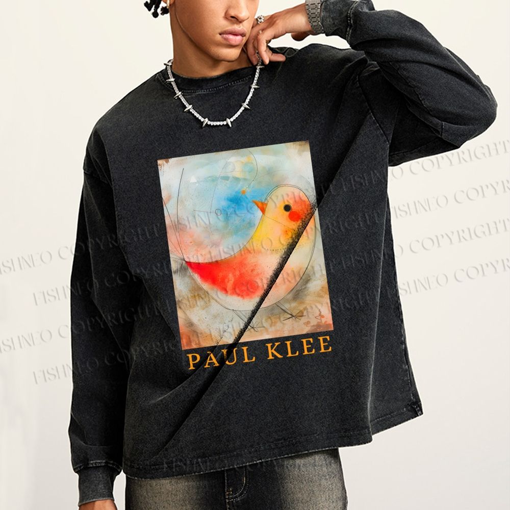 Unisex Paul Klee Bird Casual Washed Printed Long Sleeve T-shirt