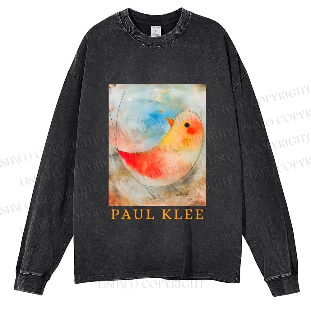 Unisex Paul Klee Bird Casual Washed Printed Long Sleeve T-shirt