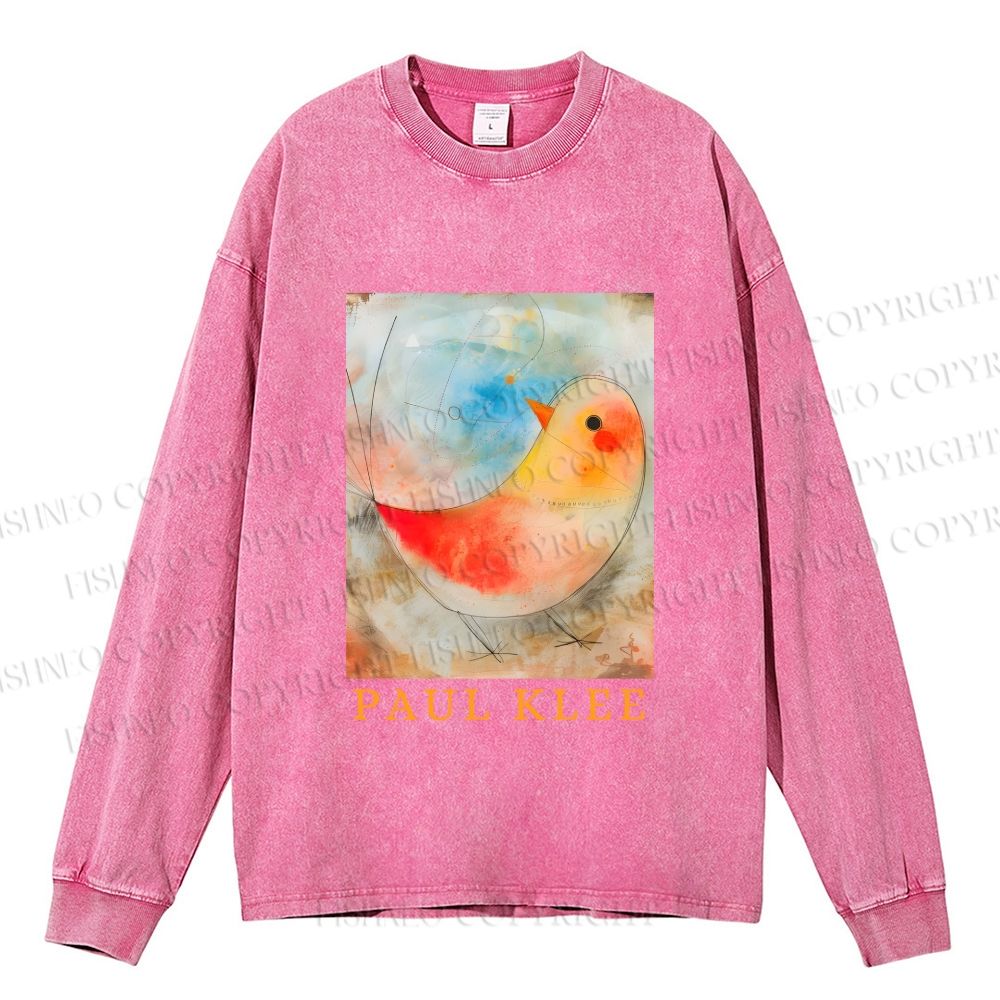 Unisex Paul Klee Bird Casual Washed Printed Long Sleeve T-shirt