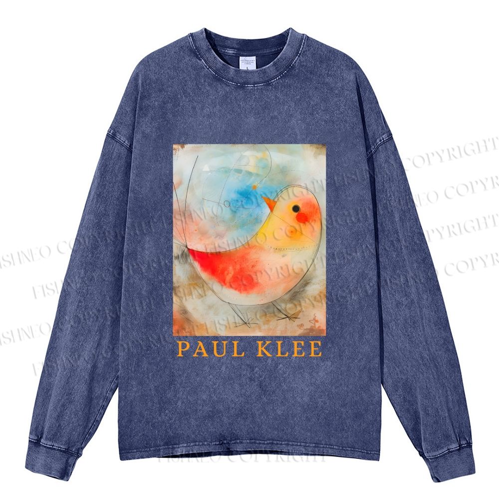 Unisex Paul Klee Bird Casual Washed Printed Long Sleeve T-shirt