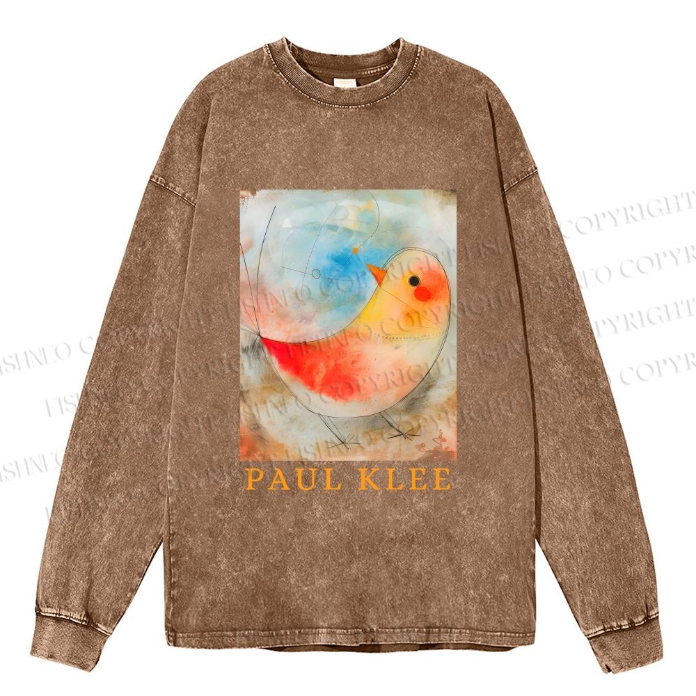 Unisex Paul Klee Bird Casual Washed Printed Long Sleeve T-shirt