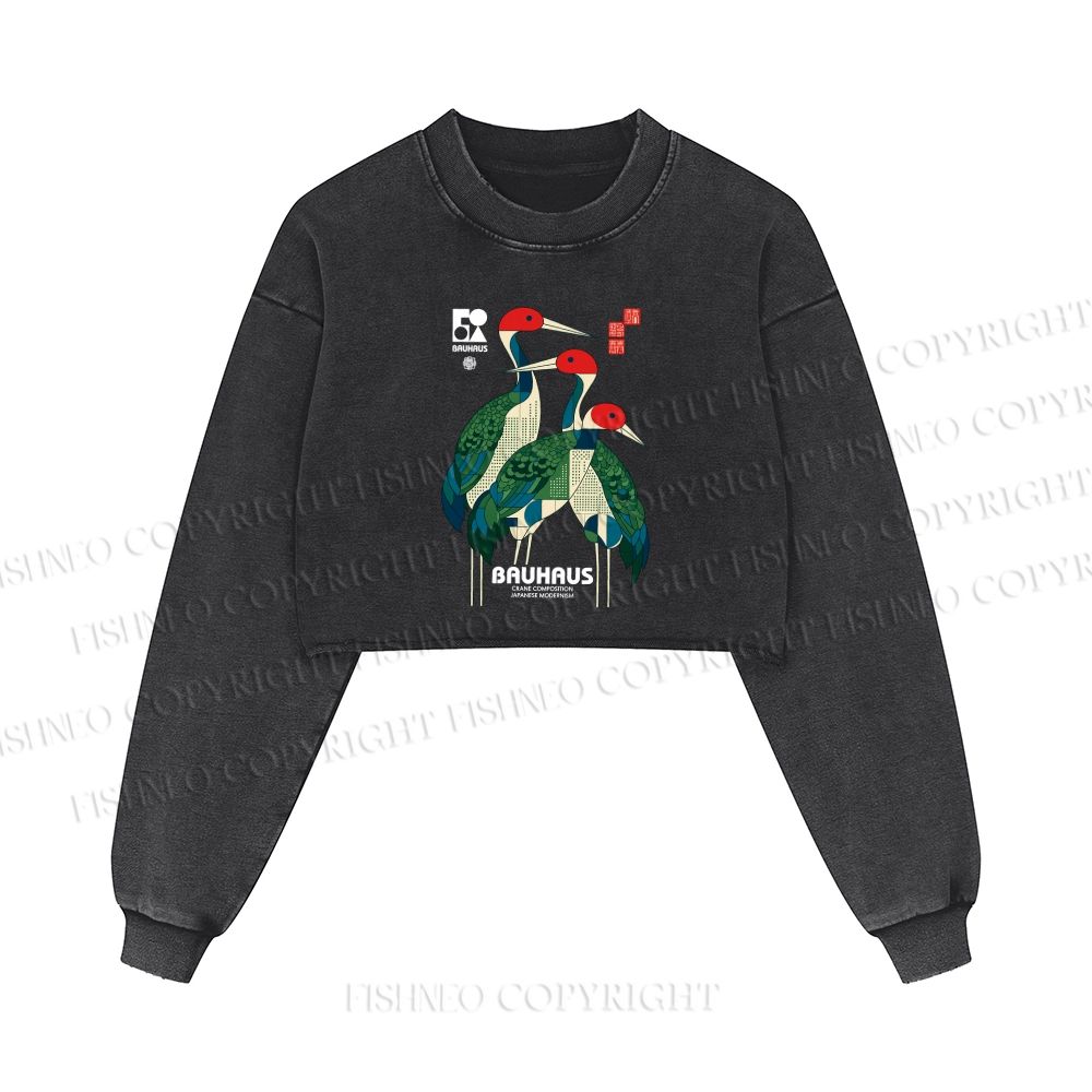 Bauhaus Japanese Crane Printed Washed Crop Sweatshirt