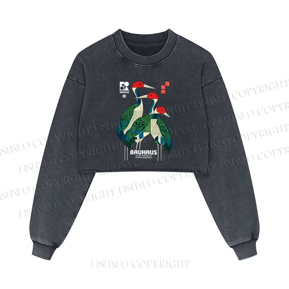 Bauhaus Japanese Crane Printed Washed Crop Sweatshirt
