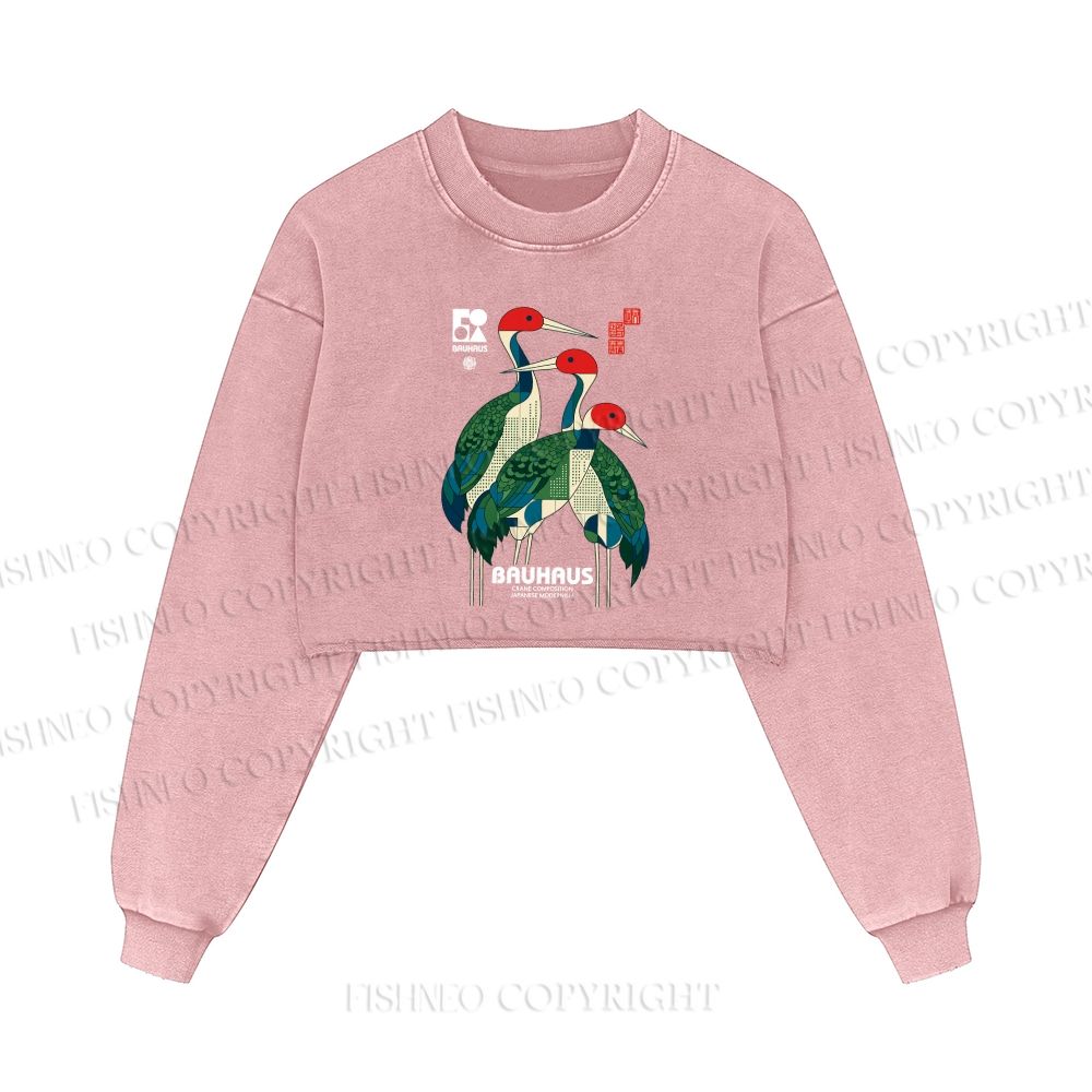 Bauhaus Japanese Crane Printed Washed Crop Sweatshirt